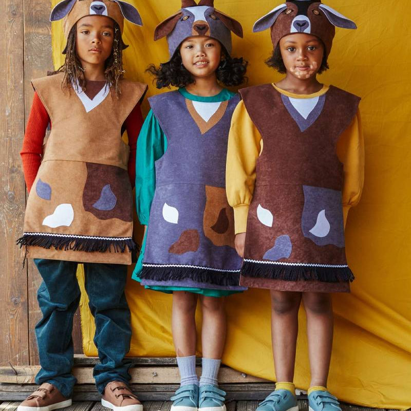3 children standing in a row, each wearing the billy goat hat and tabard.