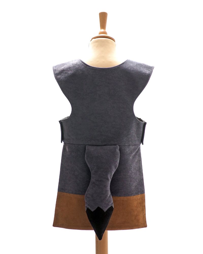 Back view of grey wolf tabard on a stand against a white background.