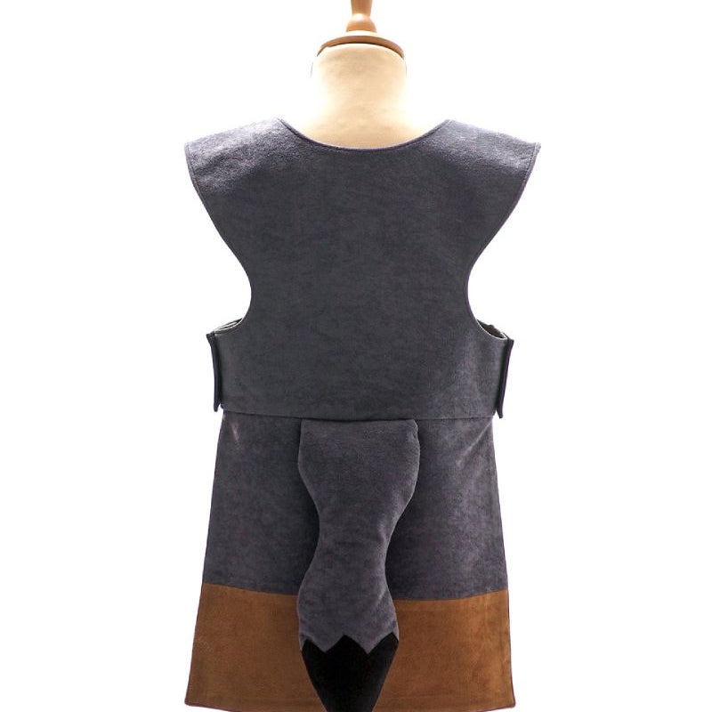 Back view of grey wolf tabard on a stand against a white background.