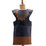 Front view of grey wolf tabard on a stand against a white background.