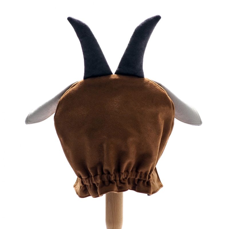 Back view of honey billy goat hat on a stand against a white background.