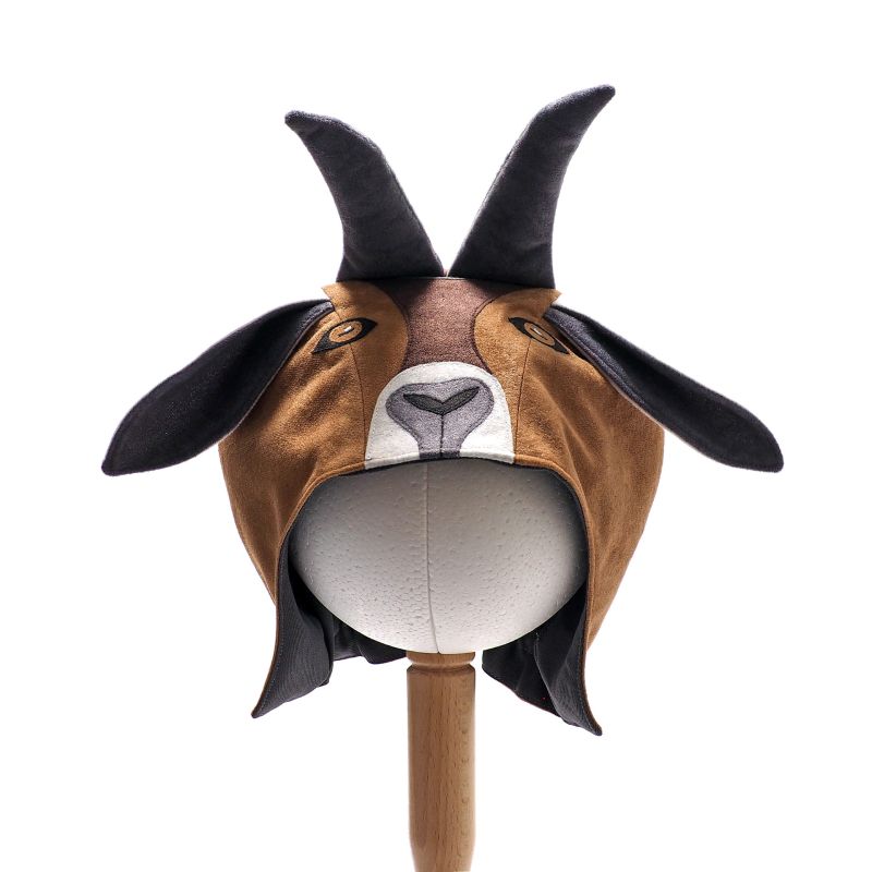 Front view of honey billy goat hat on a stand against a white background.