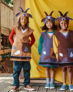 3 children standing in a row, each wearing the billy goat hat and tabard.