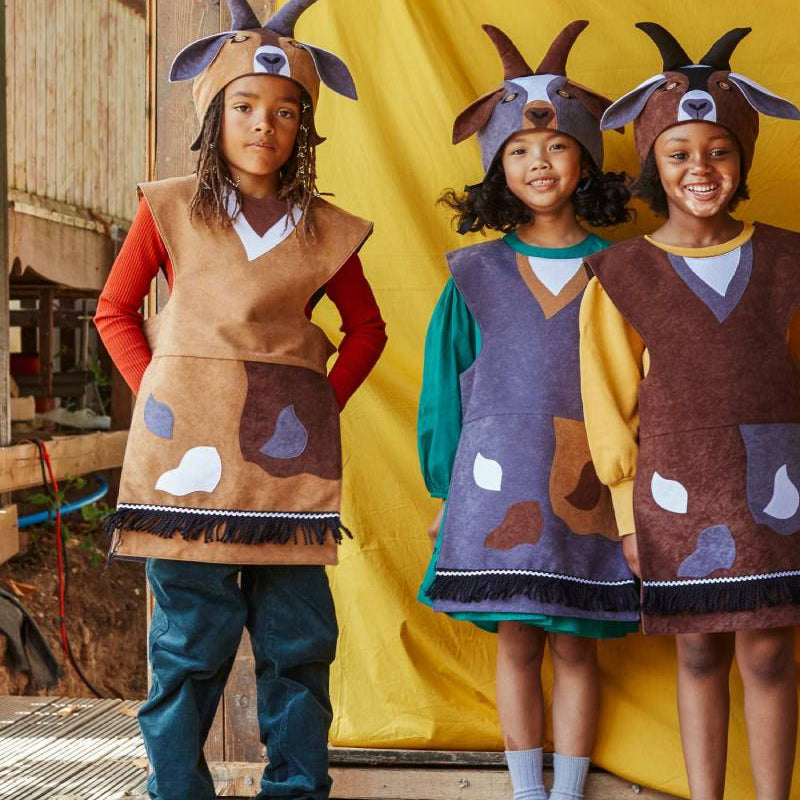 3 children standing in a row, each wearing the billy goat hat and tabard.