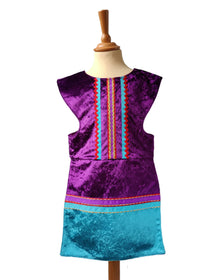 Front view of purple royal fairytale tabard on a stand