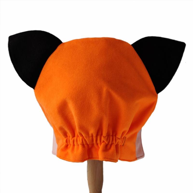 Back view of the red fox hat on a stand against a white background.