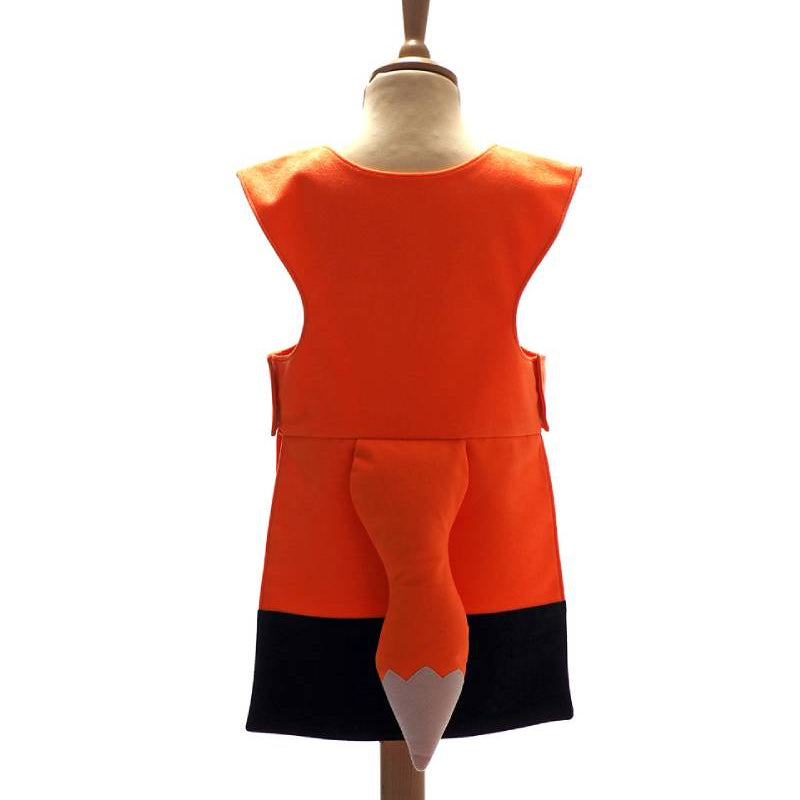 Back view of the red fox tabard on a stand against a white background.