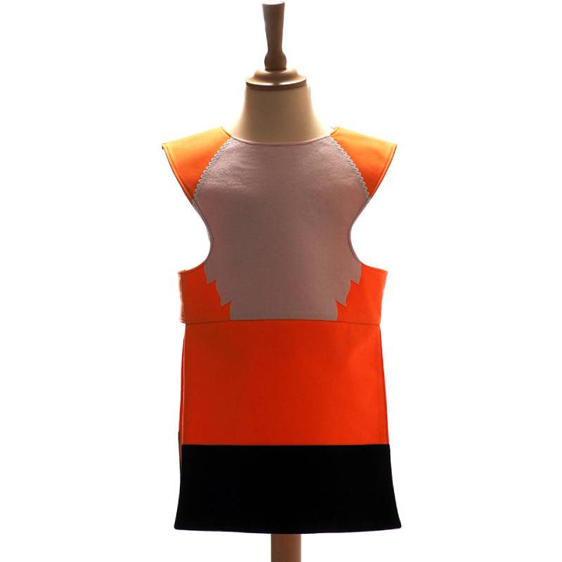 Front view of the red fox tabard on a stand against a white background.