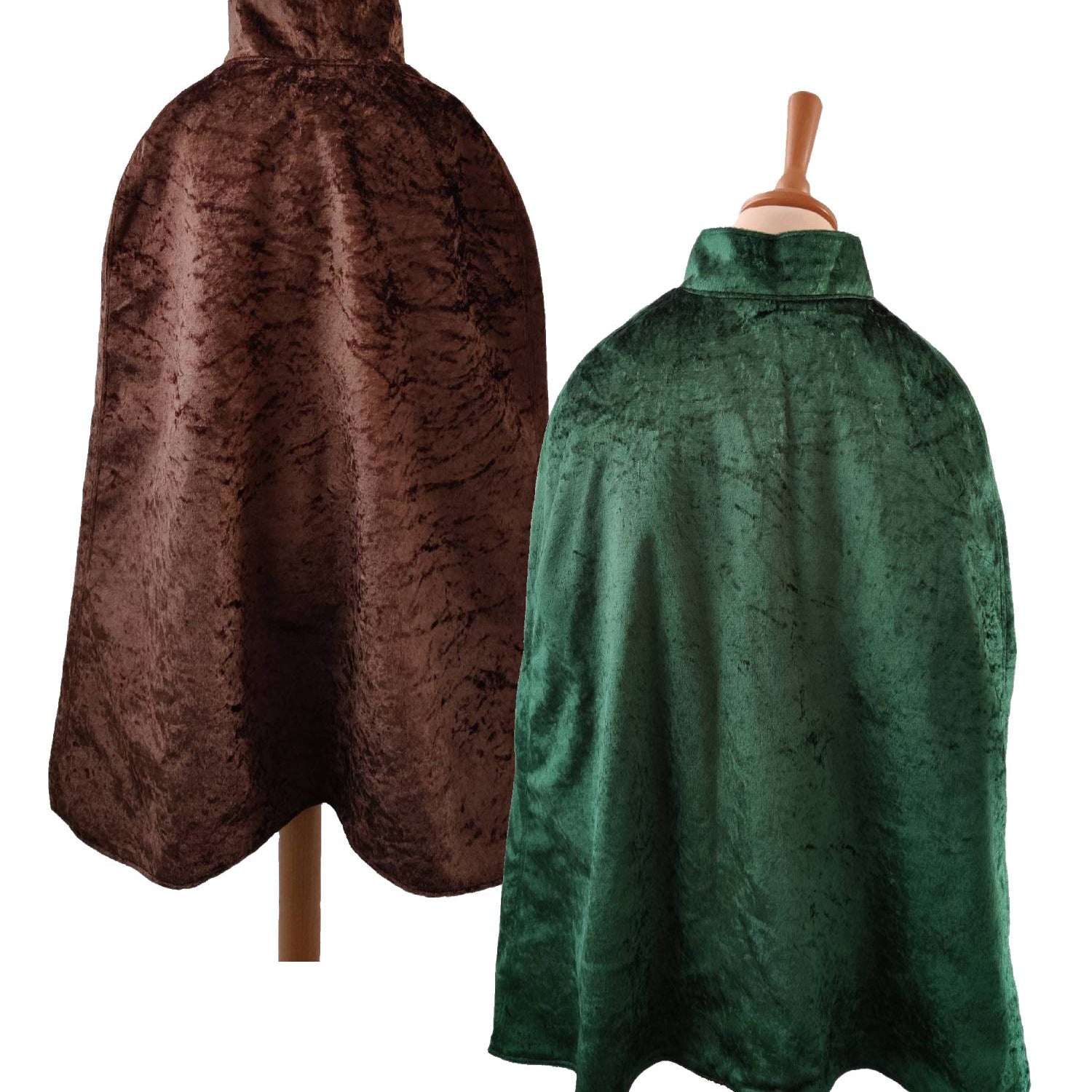 2 back view images of the chocolate side and emerald side of the reversible chocolate & emerald cape on stands