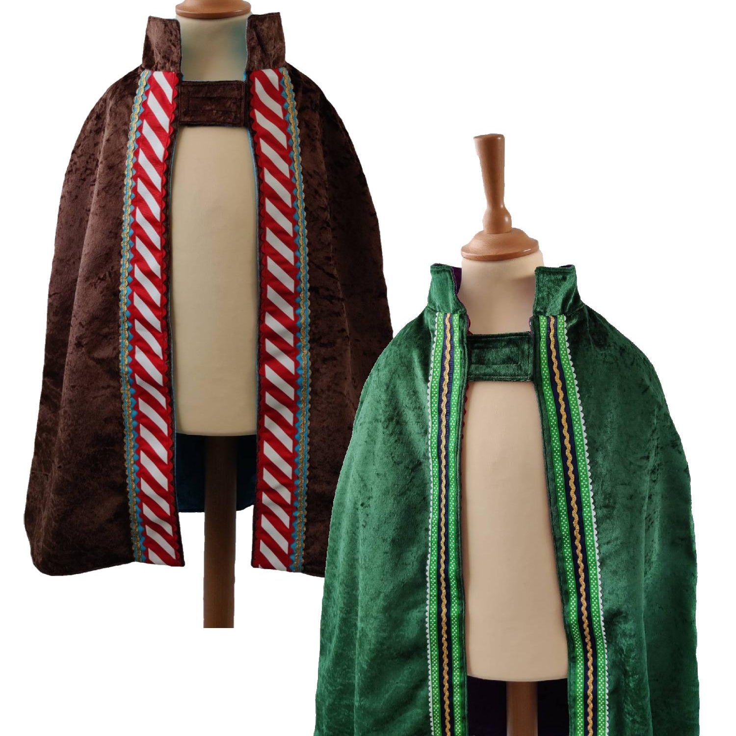 2 front view images of the chocolate side and emerald side of the reversible chocolate & emerald cape on stands