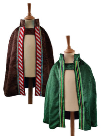 2 front view images of the chocolate side and emerald side of the reversible chocolate & emerald cape on stands