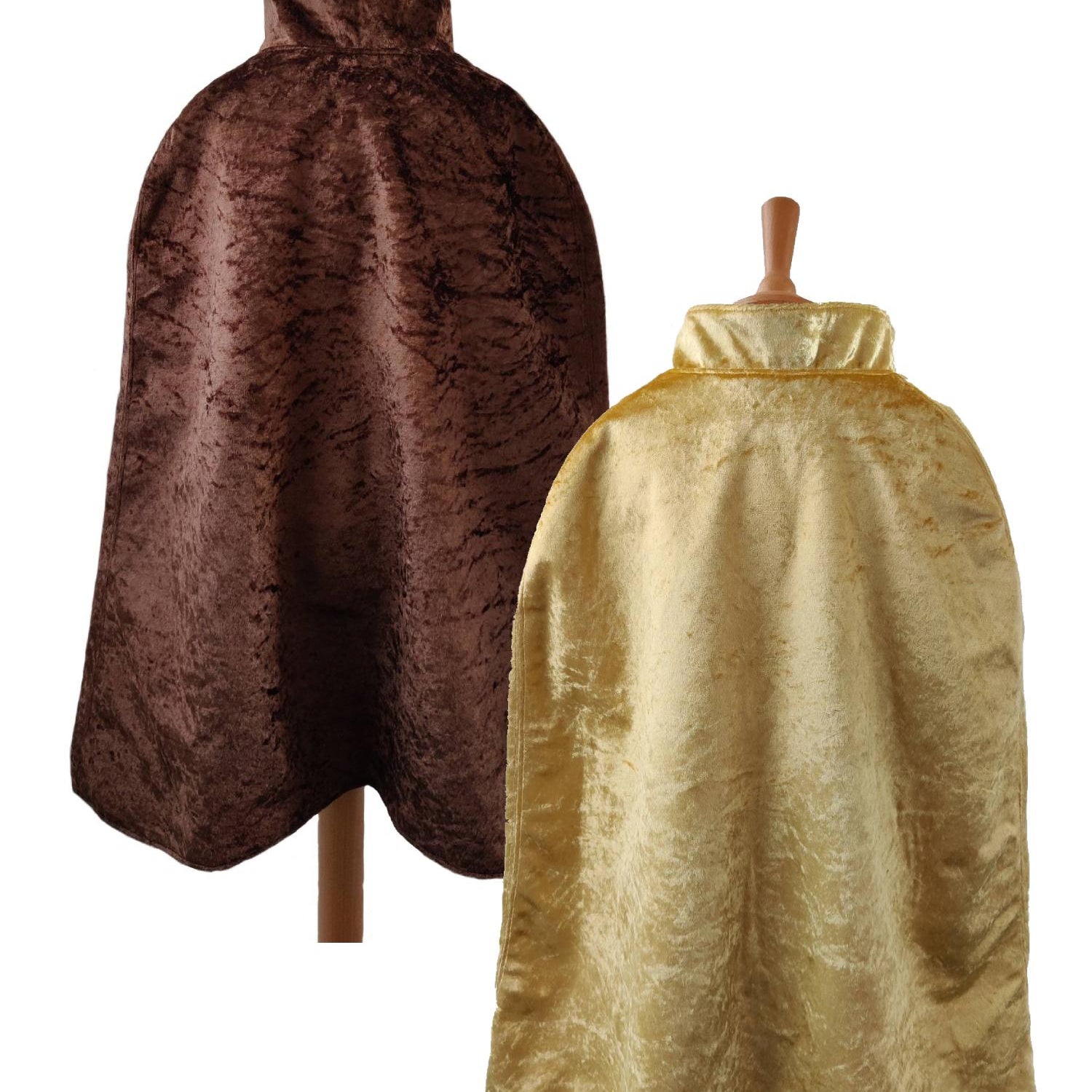 2 back view images of the chocolate side and gold side of the reversible chocolate & gold cape on stands
