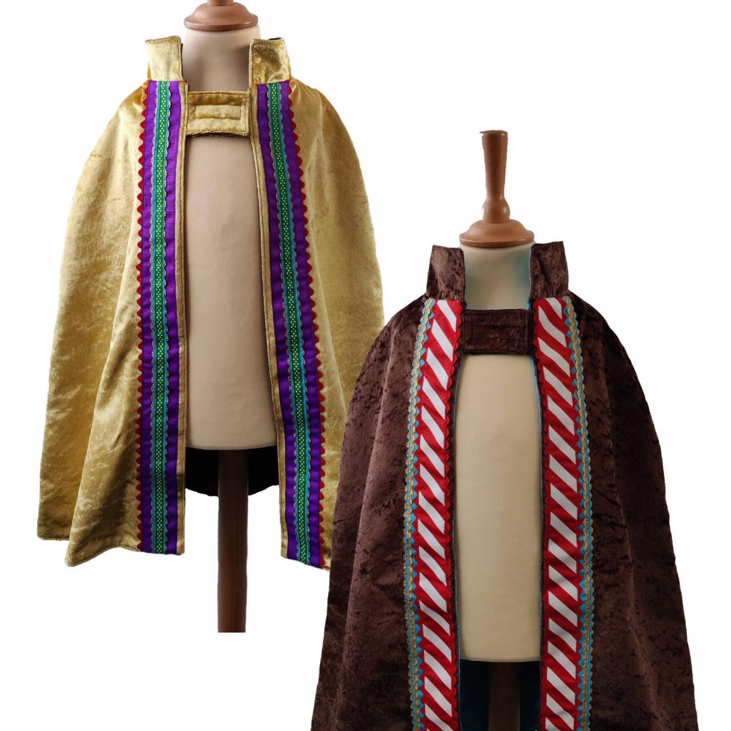 2 front view images of the chocolate side and gold side of the reversible chocolate & gold cape on stands