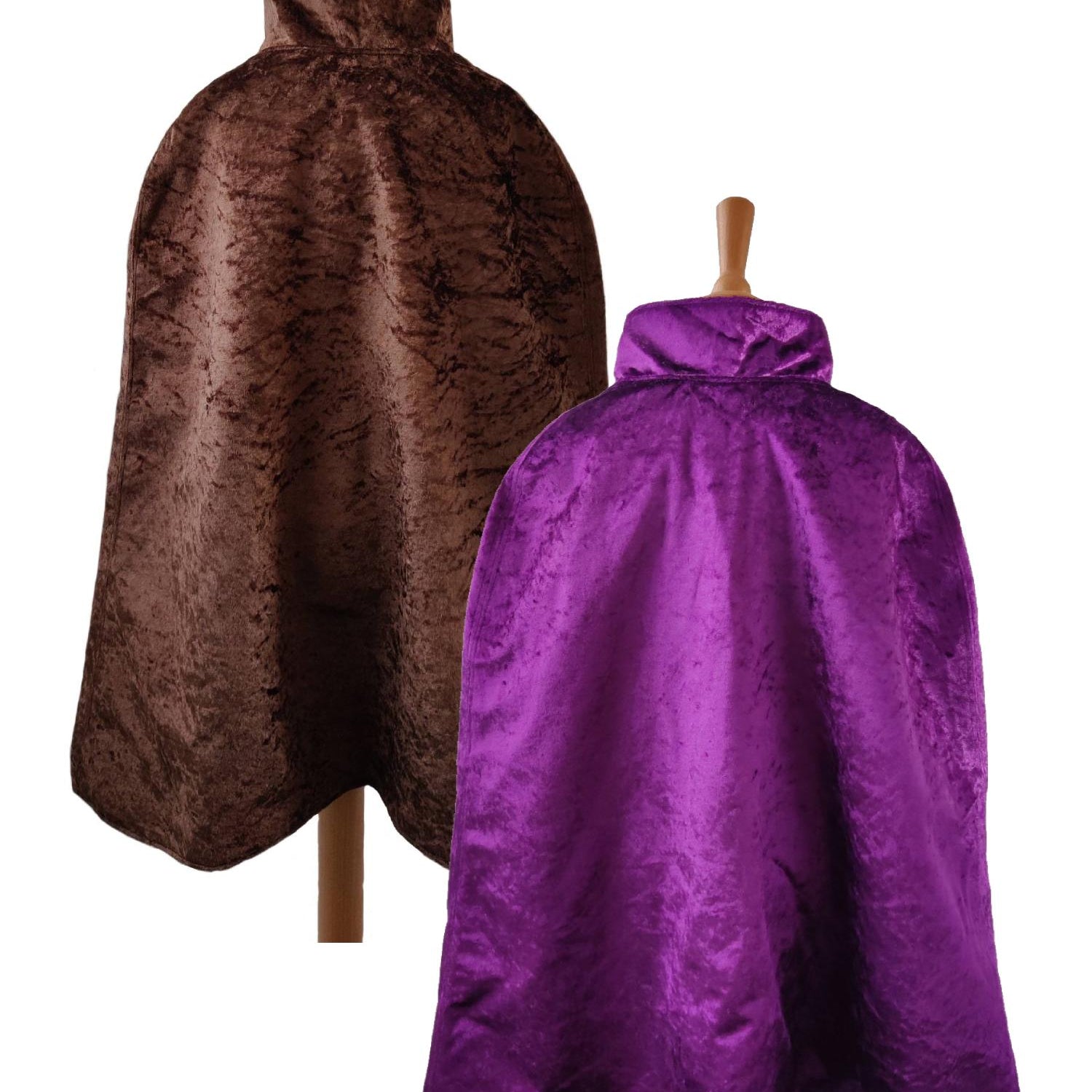 2 back view images of the chocolate side and purple side of the reversible chocolate & purple cape on stands