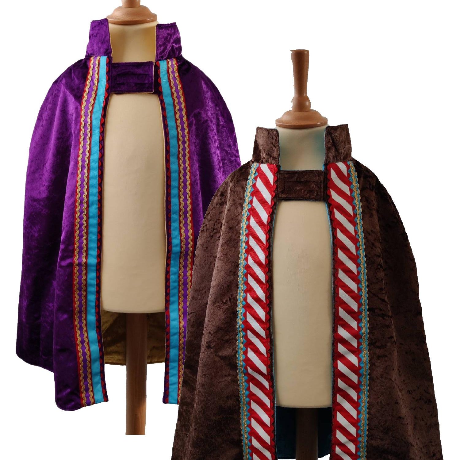 2 front view images of the chocolate side and purple side of the reversible chocolate & purple cape on stands