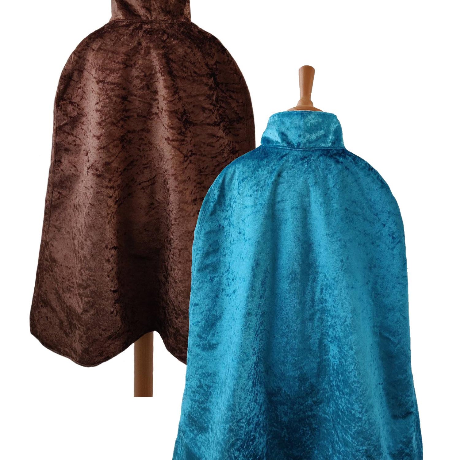 2 back view images of the chocolate side and turquoise side of the reversible chocolate & turquoise cape on stands