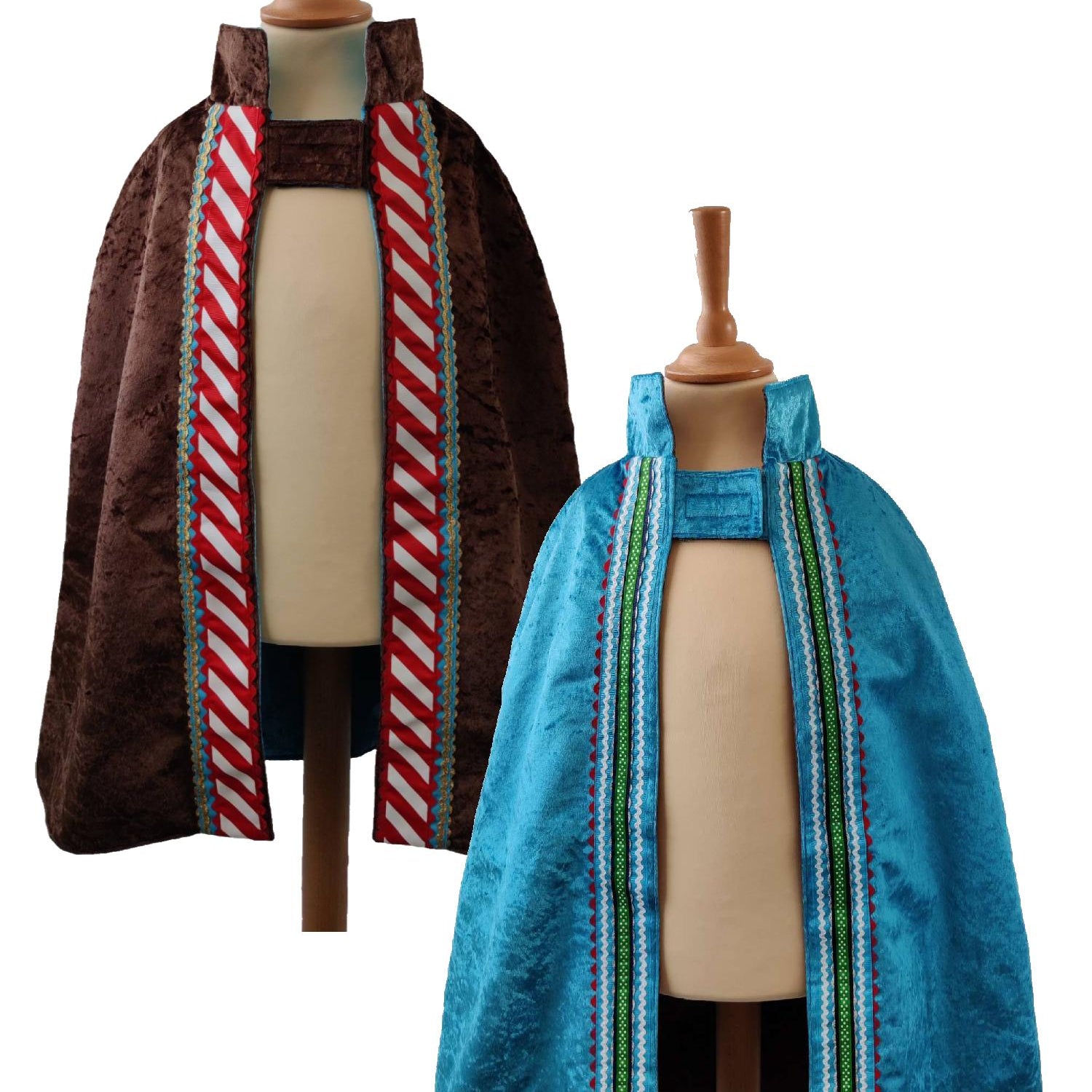 2 front view images of the chocolate side and turquoise side of the reversible chocolate & turquoise cape on stands