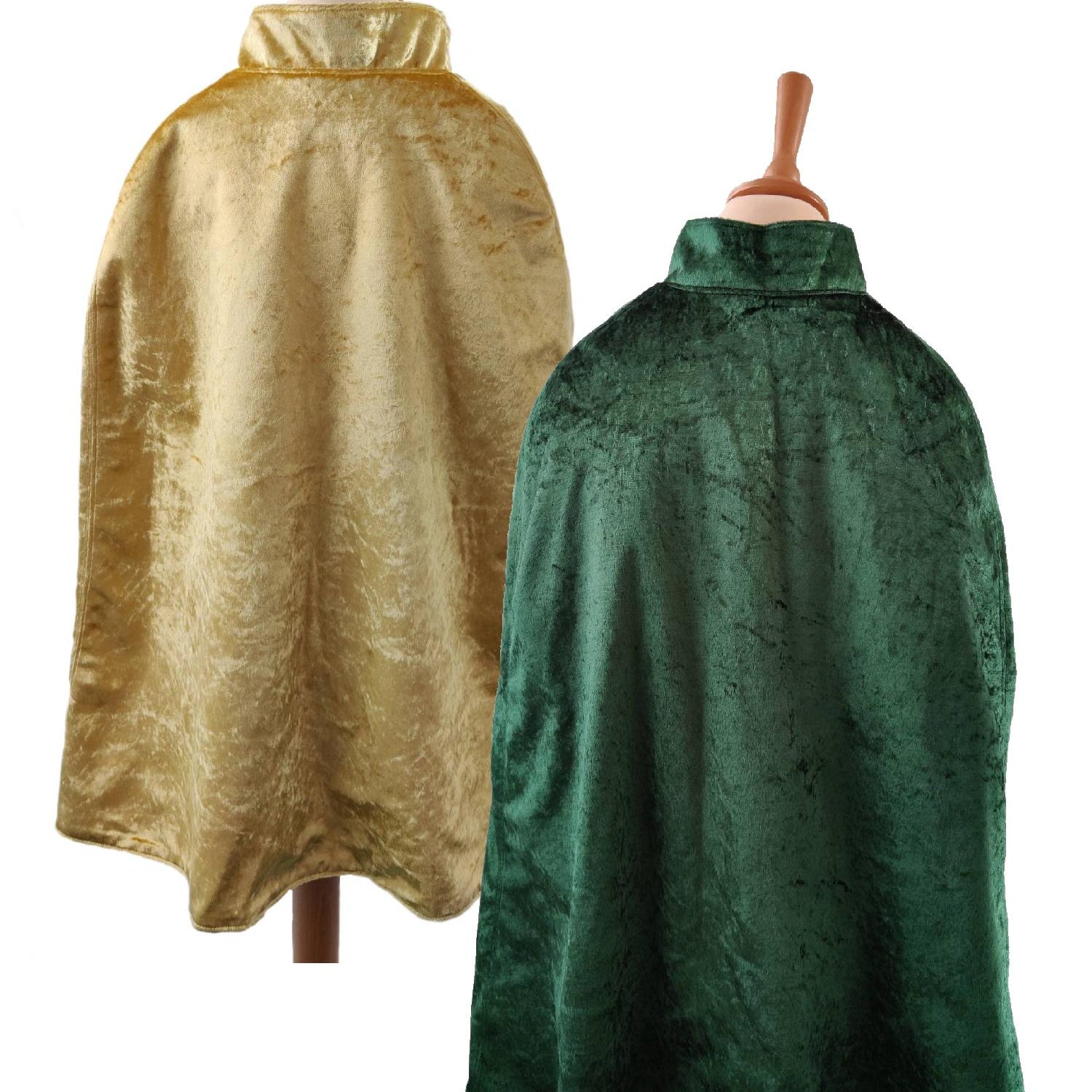 2 back view images of the gold side and emerald side of the reversible gold & emerald cape on stands