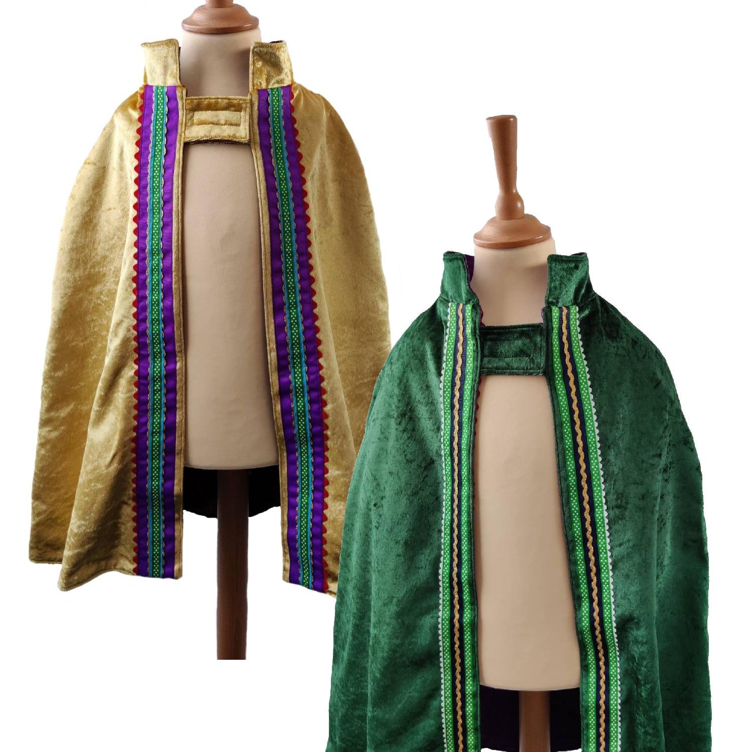 2 front view images of the gold side and emerald side of the reversible gold & emerald cape on stands