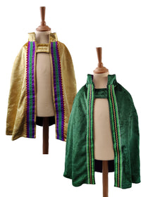 2 front view images of the gold side and emerald side of the reversible gold & emerald cape on stands