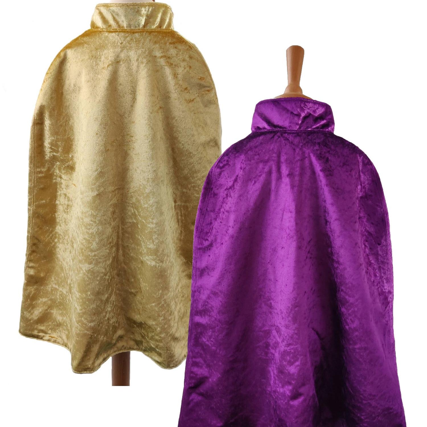 2 back view images of the gold side and purple side of the reversible gold & purple cape on stands