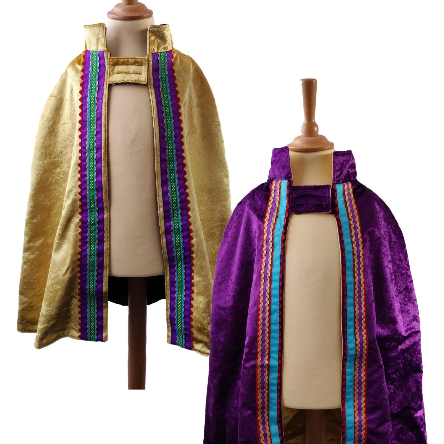 2 front view images of the gold side and purple side of the reversible gold & purple cape on stands