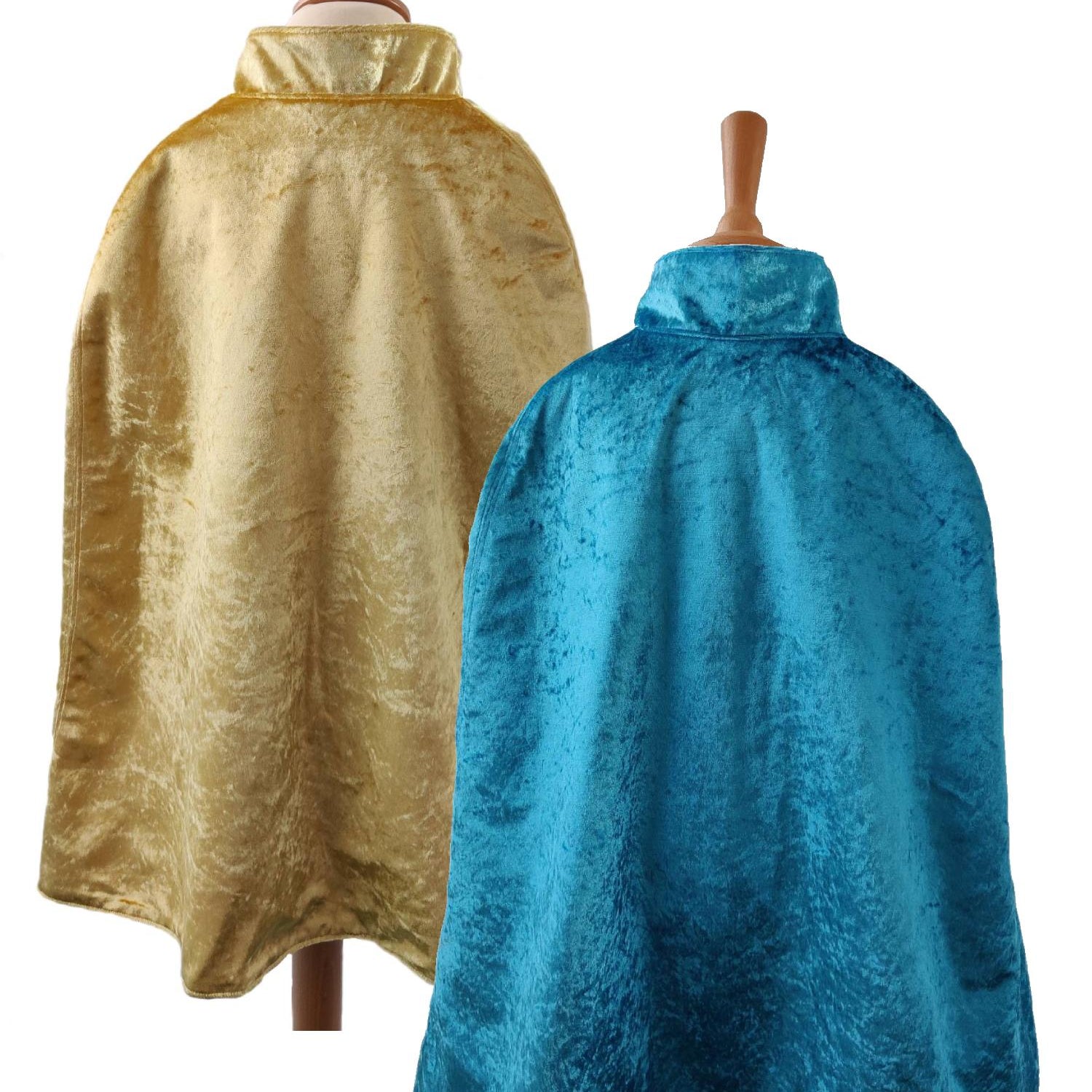 2 back view images of the gold side and turquoise side of the reversible gold & turquoise cape on stands