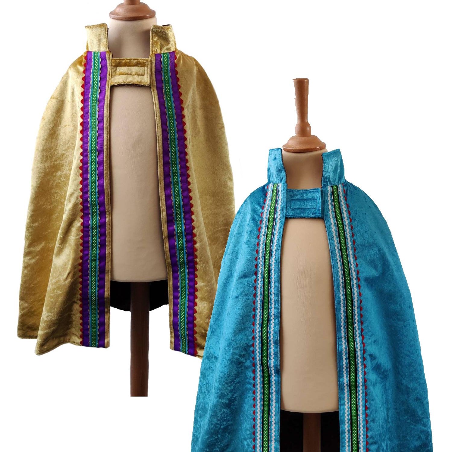 2 front view images of the gold side and turquoise side of the reversible gold & turquoise cape on stands