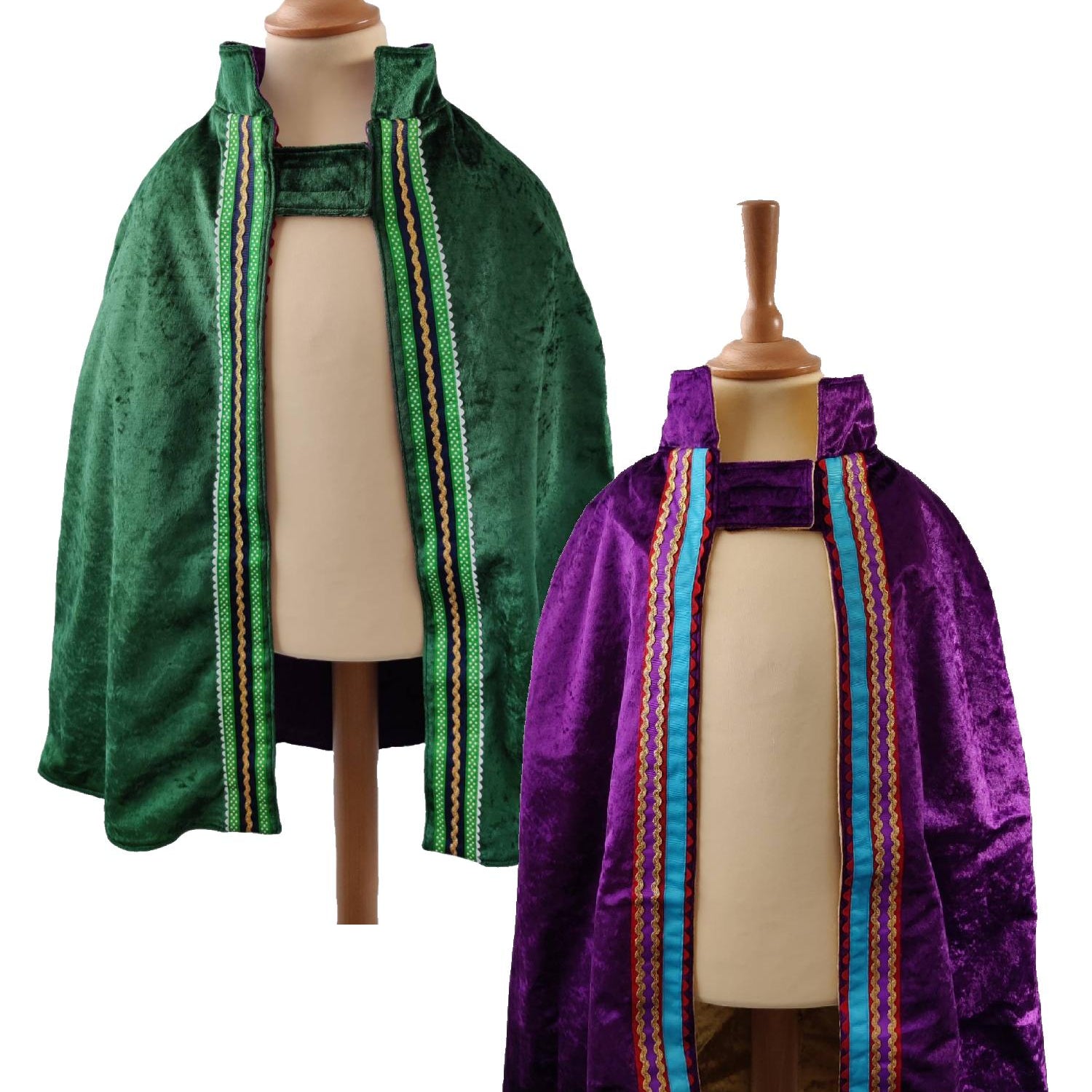 2 front view images of the emerald side and purple side of the reversible purple & emerald cape on stands