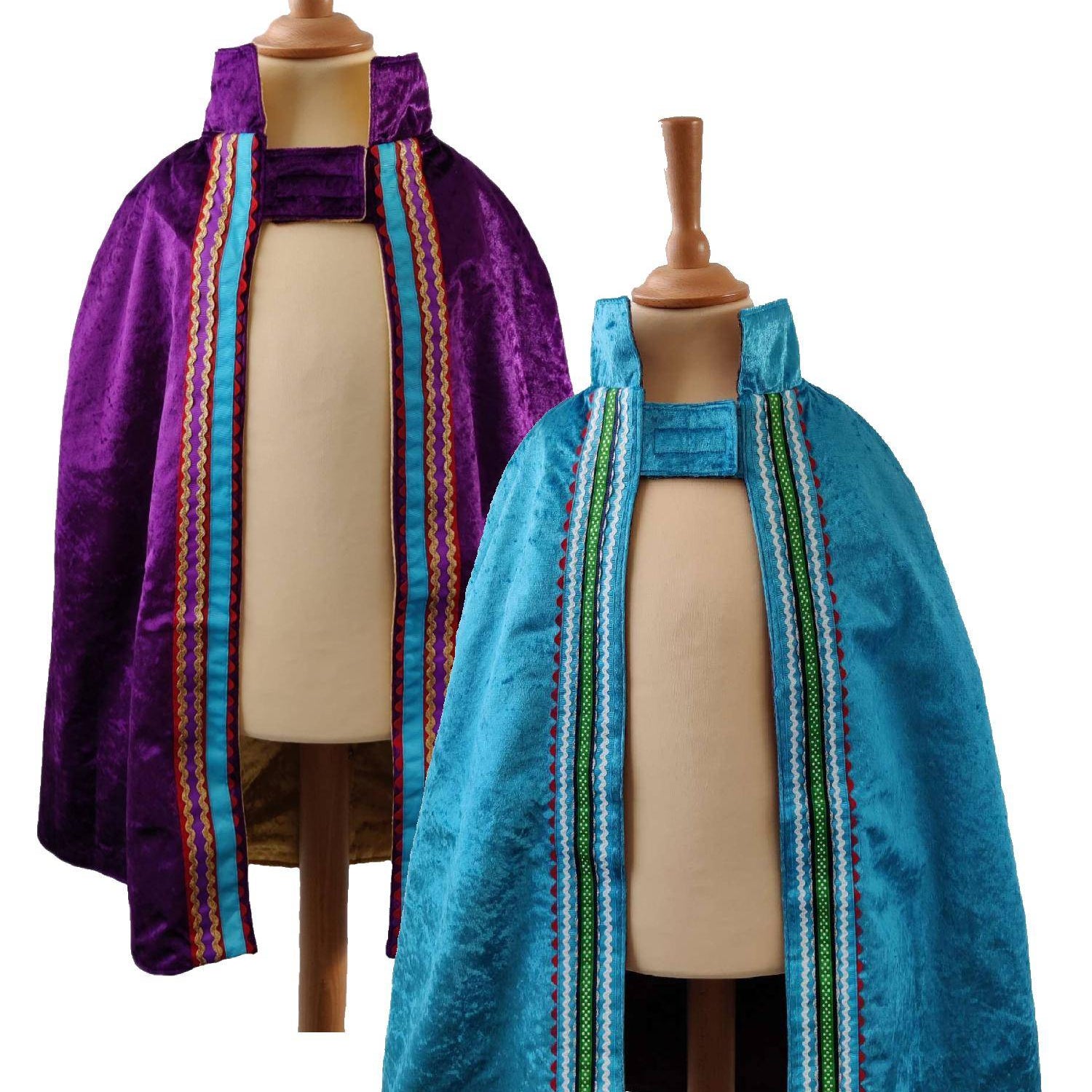 2 front view images of the purple side and turquoise side of the reversible purple & turquoise cape on stands