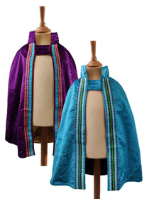 2 front view images of the purple side and turquoise side of the reversible purple & turquoise cape on stands
