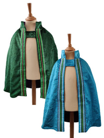 2 front view images of the turquoise side and emerald side of the reversible turquoise & emerald cape on stands