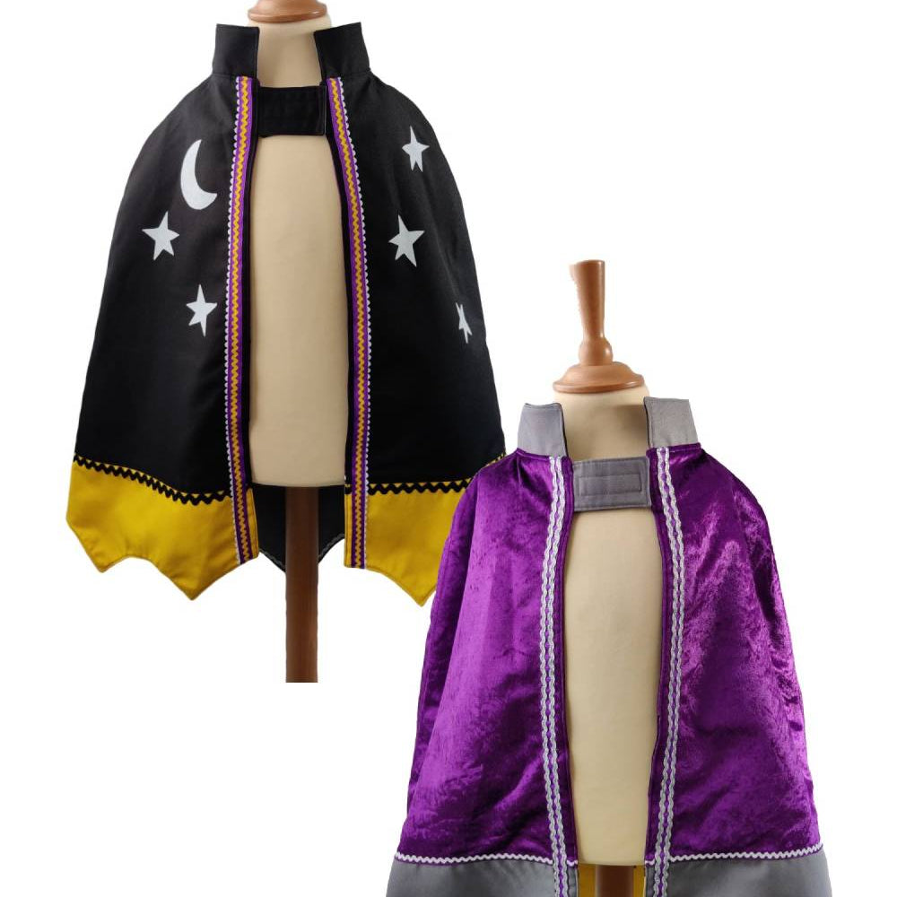 Front view of the reversible witch wizard cape on a stand against a plain white background.