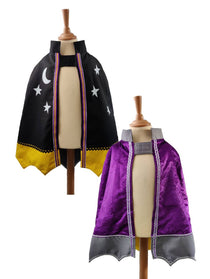 Front view of the reversible witch wizard cape on a stand against a plain white background.
