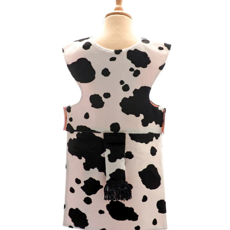 Back view of the spotted cow tabard on a stand against a white background.