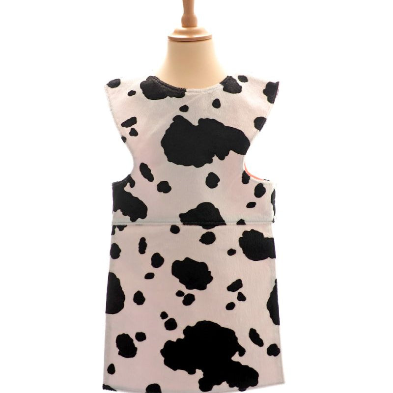 Front view of the spotted cow tabard on a stand against a white background.