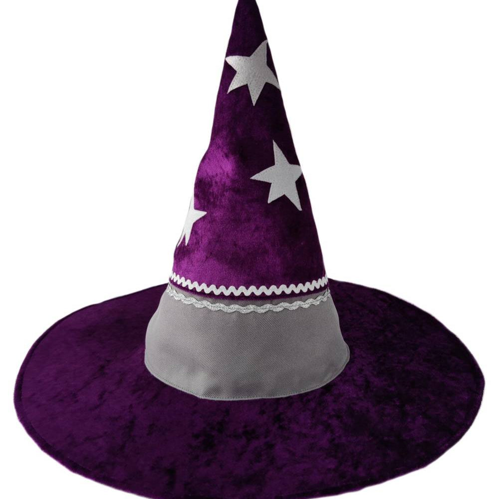 Front view of the starry wizard hat on a stand against a plain white background.
