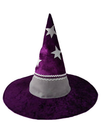 Front view of the starry wizard hat on a stand against a plain white background.