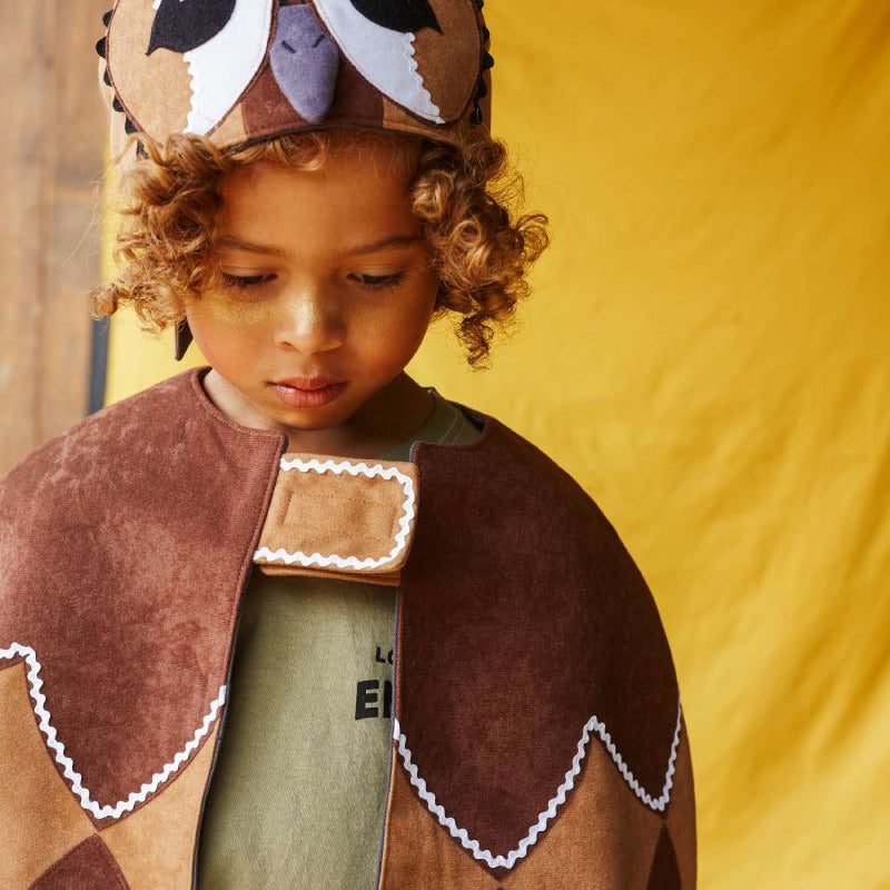 Child wearing the tawny owl hat and brown feathered bird cape. He is standing in front of a yellow fabric background.