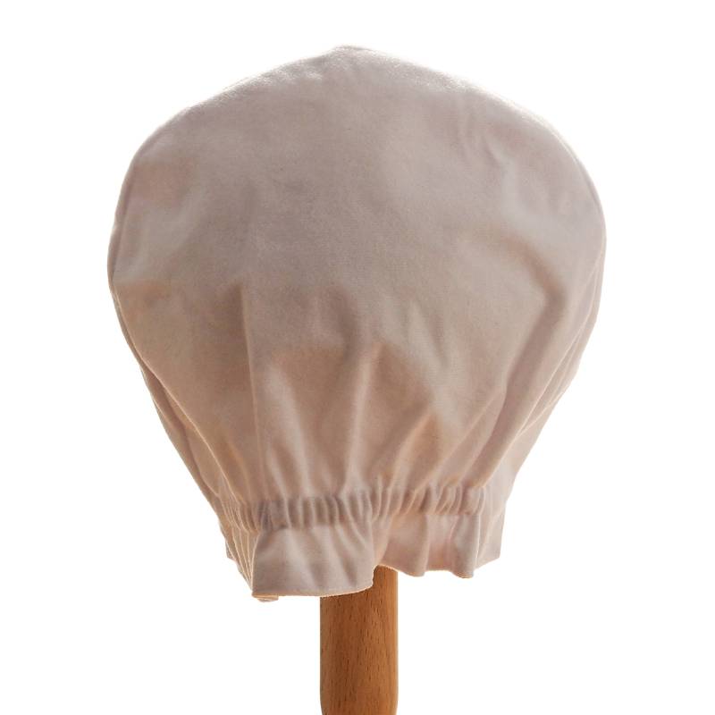 Back view of white duck hat on a stand against white background.