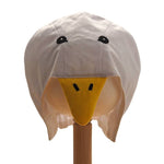 Front view of white duck hat on a stand against white background.