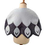 Back view of white feathered bird cape on a stand against white background.