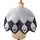 Back view of white feathered bird cape on a stand against white background.