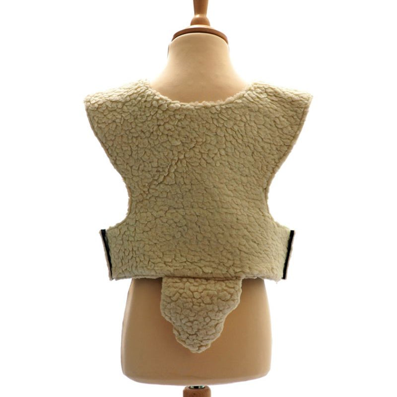 Back view of the woolly sheep tabard on a stand against a white background.