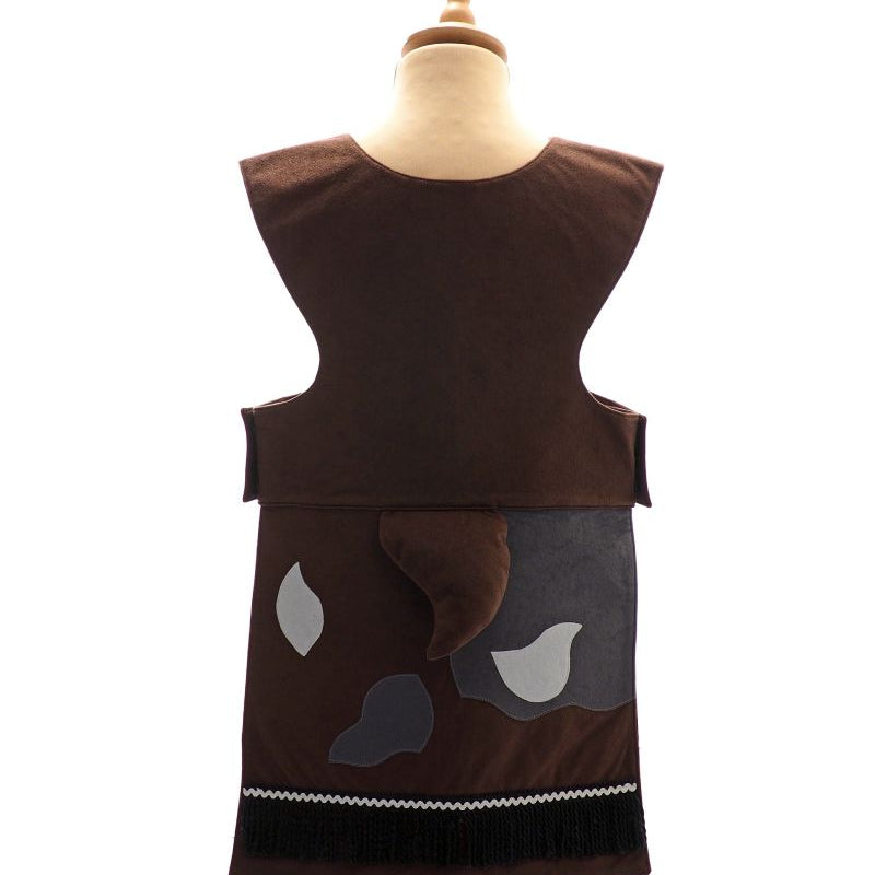 Back view of the brown billy goat tabard on a stand against a white background.