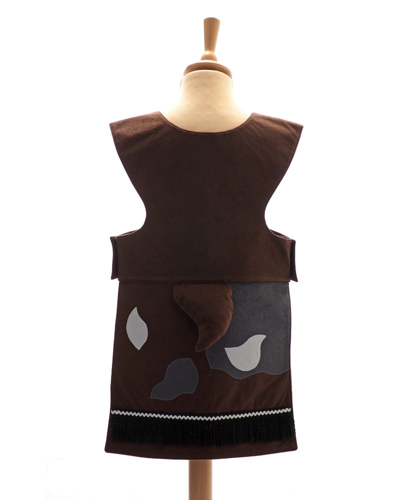 Back view of the brown billy goat tabard on a stand against a white background.