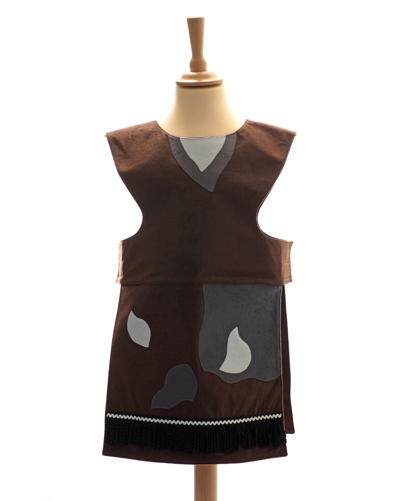 Front view of the brown billy goat tabard on a stand against a white background.