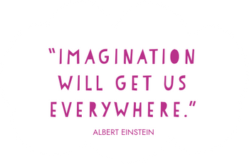 Quote 'Imagination will get us everywhere.' by Albert Einstein in pink text on a white background